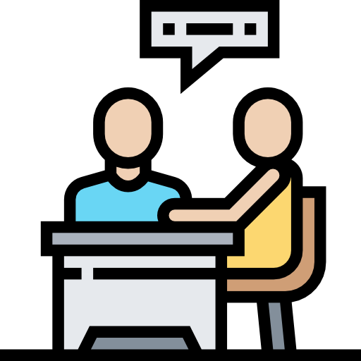 Strukturbau GmbH Oldenburg Zwei Personen sitzen sich an einem Schreibtisch gegenüber und führen ein Gespräch. Eine Person spricht, was durch eine Sprechblase über ihnen angezeigt wird. Der Zeichenstil ist einfach und verwendet kräftige Linien und flache Farben.