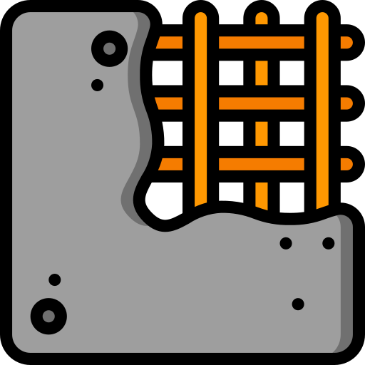 Strukturbau GmbH Oldenburg Ein flaches Symbol einer grauen Steinmauer mit orangefarbenen und schwarzen Metallstäben, die das Fenster einer Gefängniszelle bilden.