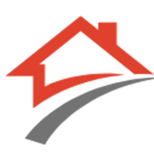 Strukturbau GmbH Oldenburg Ein einfaches Logo für das Bauunternehmen Oldenburg mit dem roten Umriss eines Hausdaches mit Schornstein über einem grauen, geschwungenen Weg oder einer Straße auf weißem Hintergrund.