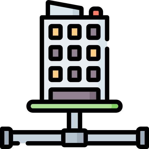 Strukturbau GmbH Oldenburg Ein mehrstöckiges Bürogebäude ist mit einem Netzwerk verbunden, das durch Rohre oder Linien unter dem Gebäude dargestellt wird und ein vernetztes oder verbundenes Unternehmen symbolisiert.