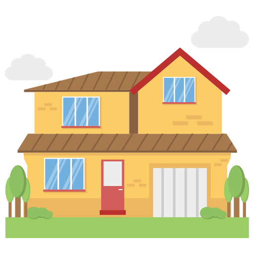 Strukturbau GmbH Oldenburg Einfache Illustration eines zweistöckigen gelben Hauses mit braunem Dach, roter Tür, Garage, vier Fenstern, grünen Büschen und Bäumen auf beiden Seiten, auf Gras mit zwei Wolken am Himmel.