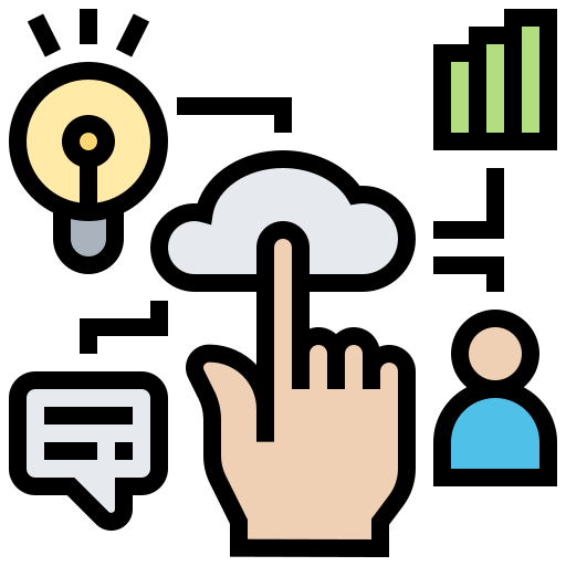 Strukturbau GmbH Oldenburg Eine Hand zeigt auf ein Wolkensymbol, das von einer Glühbirne, einem Balkendiagramm, einer Sprechblase und einem Benutzeravatar umgeben ist und Ideen, Kommunikation, Daten und Cloud Computing darstellt.